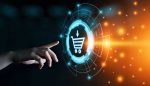 a hand pointing at a glowing circle with a shopping cart icon