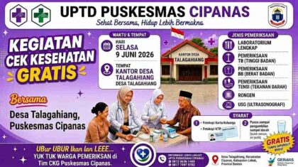 Flyer Kegiatan Cek Kesehatan Gratis UPTD Puskesmas Cipanas bersama Pemerintah Desa Talagahiang Kabupaten Lebak Banten pada 9 Juni 2026.