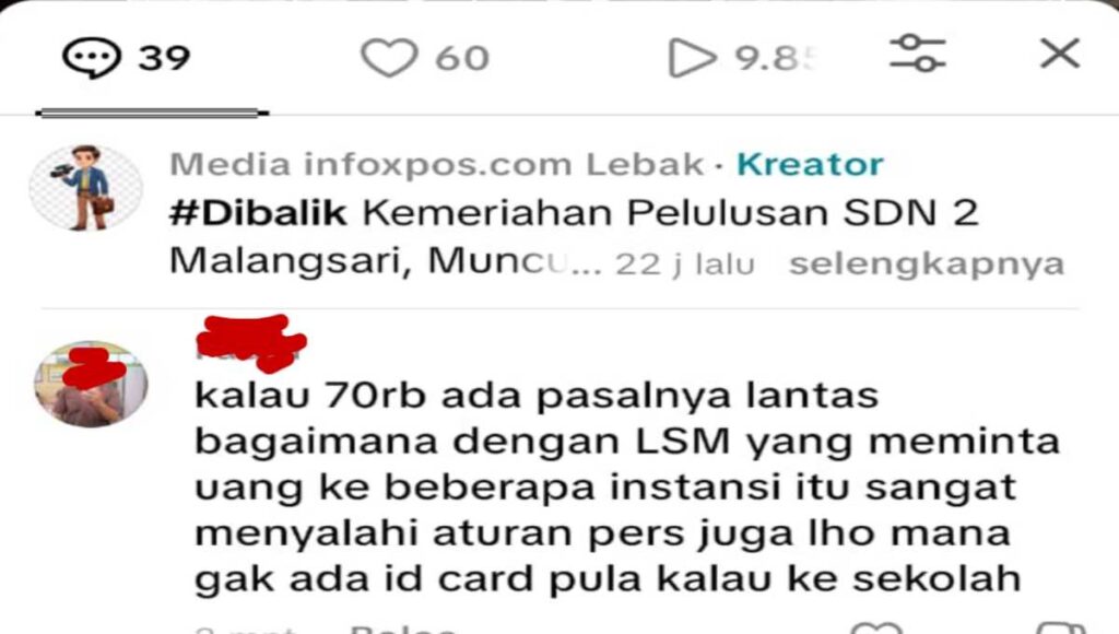 Tangkapn layar komentar pada unggahan akun TikTok Media Infoxpos.com yang membahas dugaaan pungutan kenaikan kelas dan perpisahan di SDN 2 Malangsari Cipanas Lebak Banten