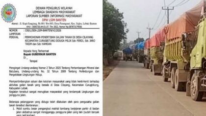 Kolase surat resmi LSIM Banten kepada Gubernur dan deretan truk tambang galian tanah di Desa Cilayang Curugbitung.