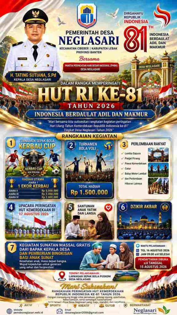 Poster rangkaian kegiatan HUT Ke-81 RI Pemerintah Desa Neglasari Kecamatan Cibeber Kabupaten Lebak Tahun 2026.