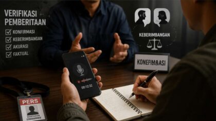 Ilustrasi proses konfirmasi wartawan kepada narasumber sebagai bagian dari verifikasi pemberitaan sebelum berita dipublikasikan.